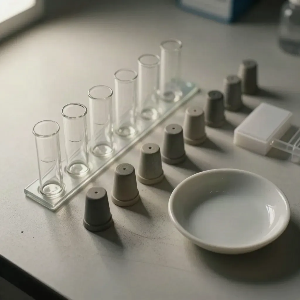 Lab vials, stoppers, pipette tips, and porcelain dish in a neat overhead row.
