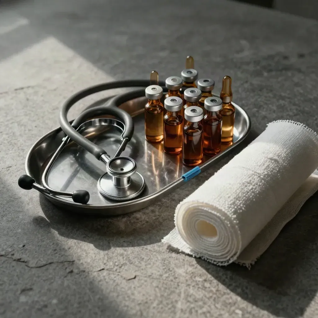 Medical tools on cool stone with amber vials and gauze under soft light.