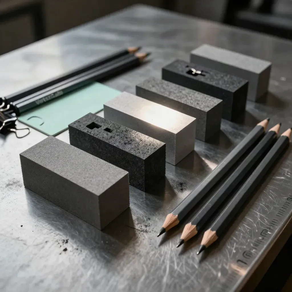 Architecture model materials on brushed metal with charcoal pencils and clips in dramatic light.