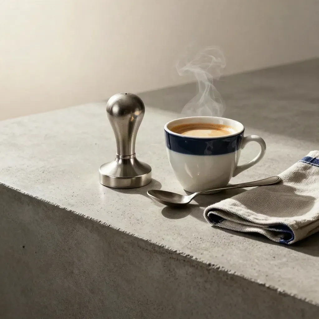 Espresso tamper, demitasse, spoon and linen napkin on concrete with steam