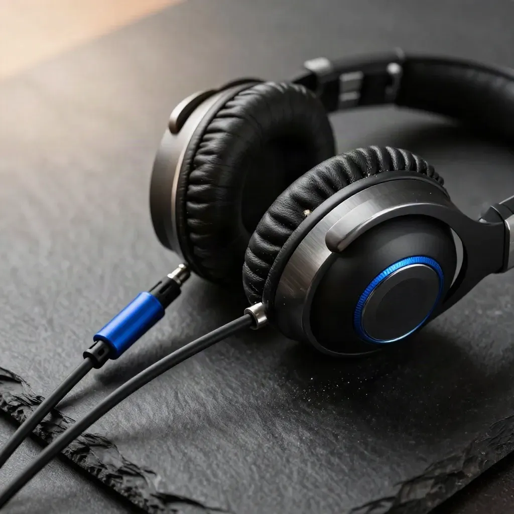 Macro flat lay of studio headphones, patch cable and control pod on dark slate with blue accents.