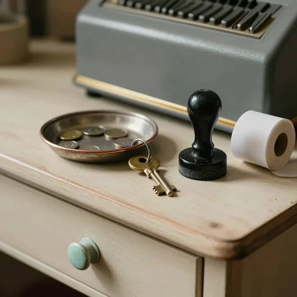 Retail till still life with coin tray, brass key ring, date stamp and receipt roll on pale wood.
