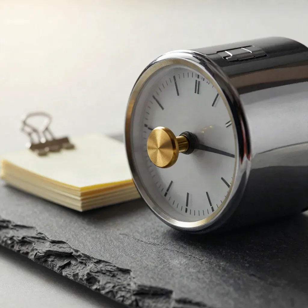 Chrome pomodoro timer with brass pin beside two clipped note stacks on pale stone