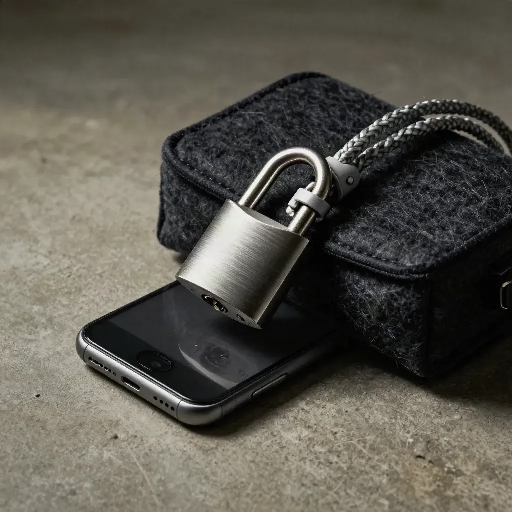 Face-down phone beneath a felt pouch and cable lock on concrete, lit with hard dramatic shadow.