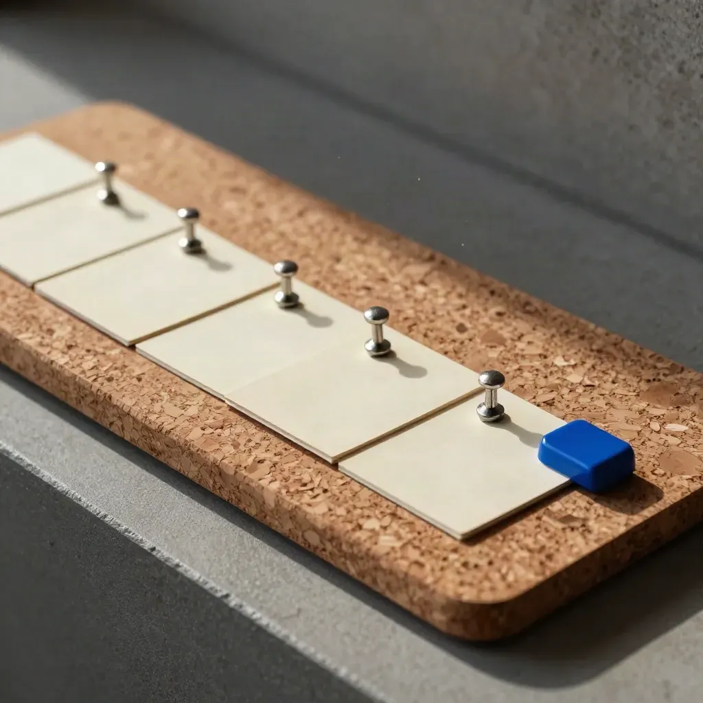 Cork task board segment with cream cards, steel pins and a blue clip on concrete