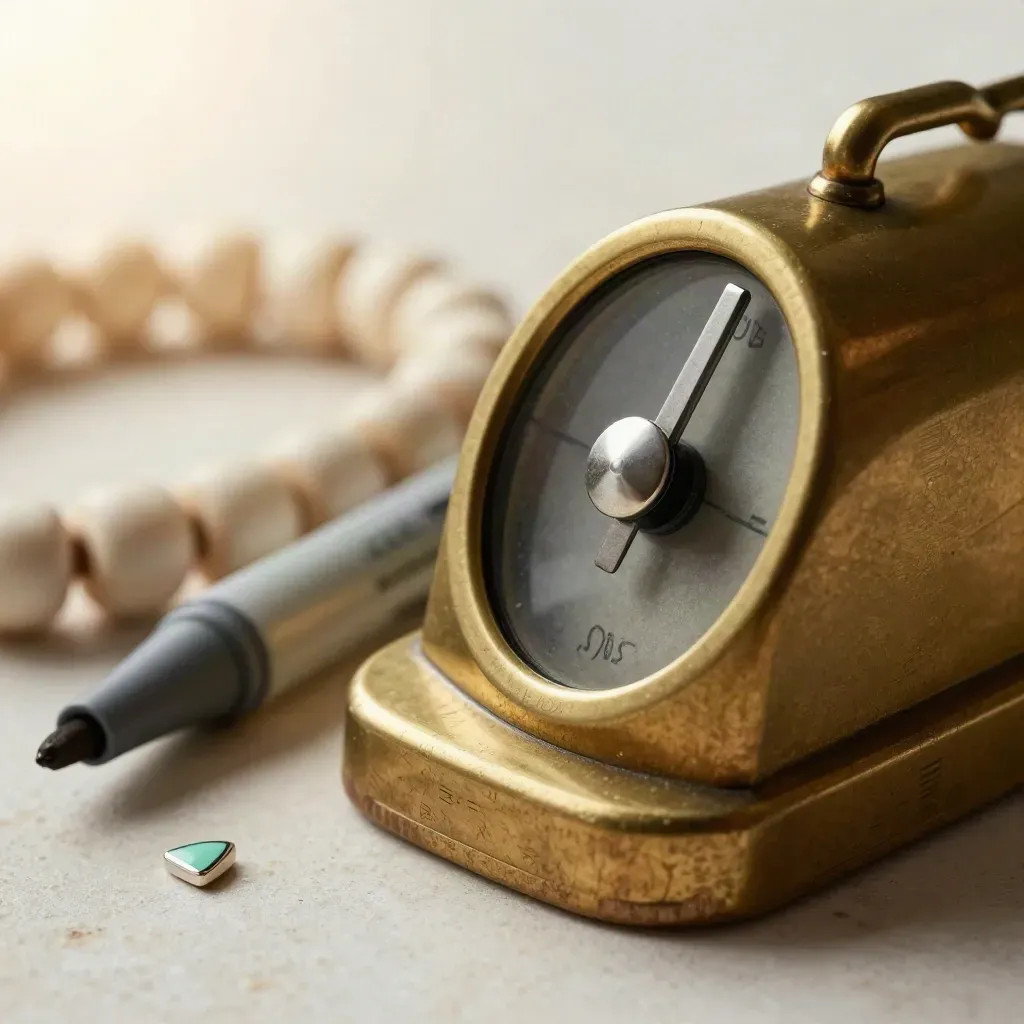 Brass tally counter, white beads, and an inkless marker on stone with soft mint accent.