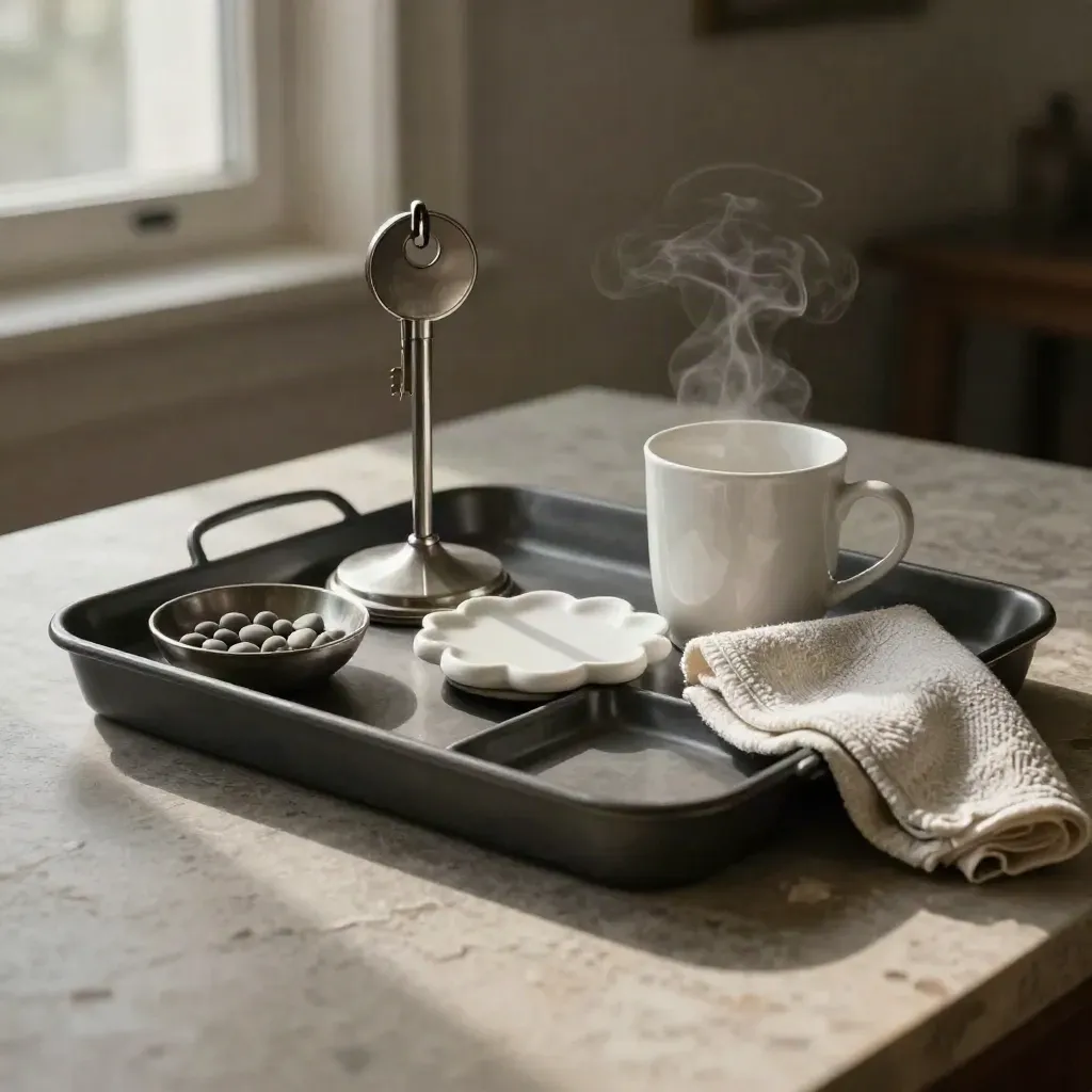 Seven-compartment morning tray with watch stand, key bowl, coaster and folded cloth in dramatic light