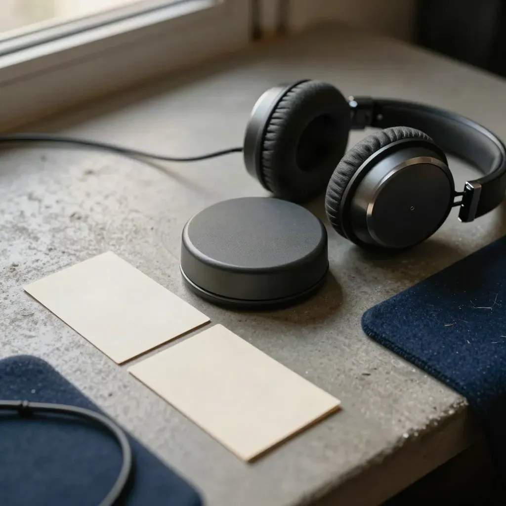 Top-down speaker puck and two headsets with cue cards on concrete for team coaching.