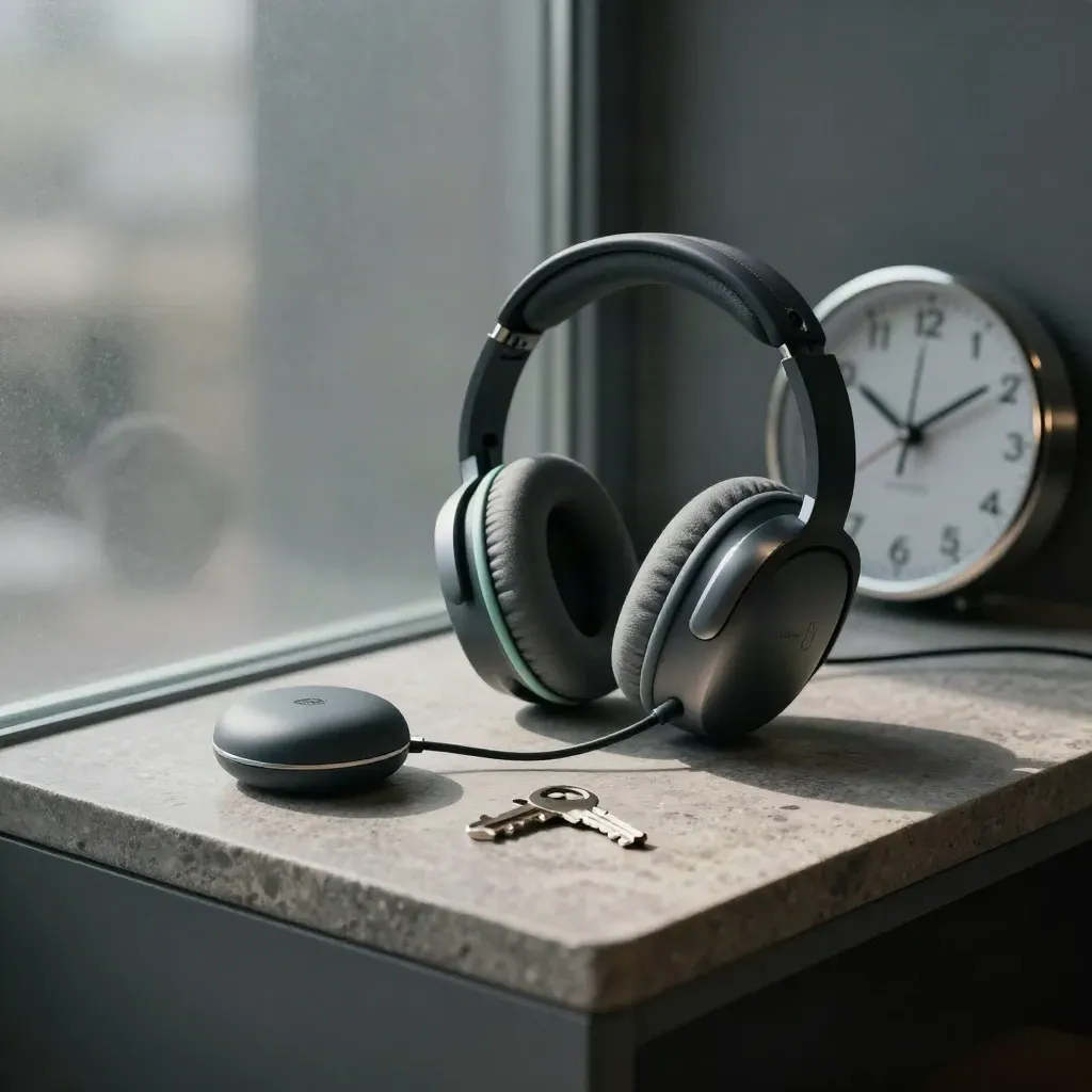 Two headsets, speaker puck, cable clips and a clock edge on stone, seen through frosted glass.