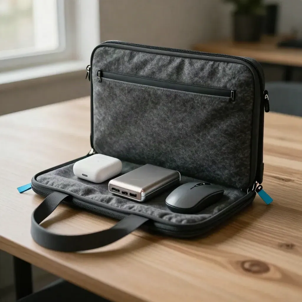 Freelancer travel kit with sleeve, earbuds case, power bank and mouse on a bench