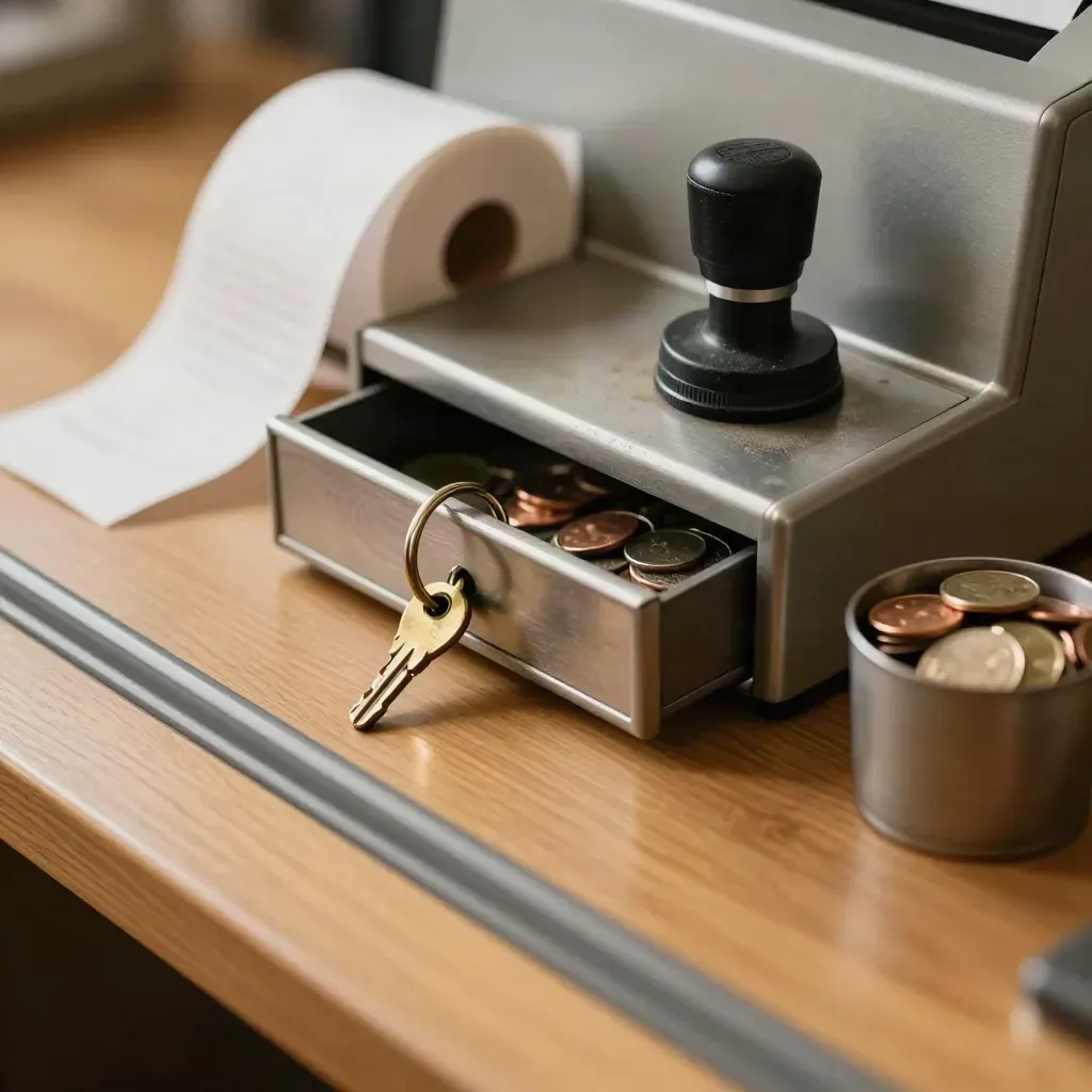 Cash drawer insert, brass ring, date stamp, receipt roll and coins beside a till divider.