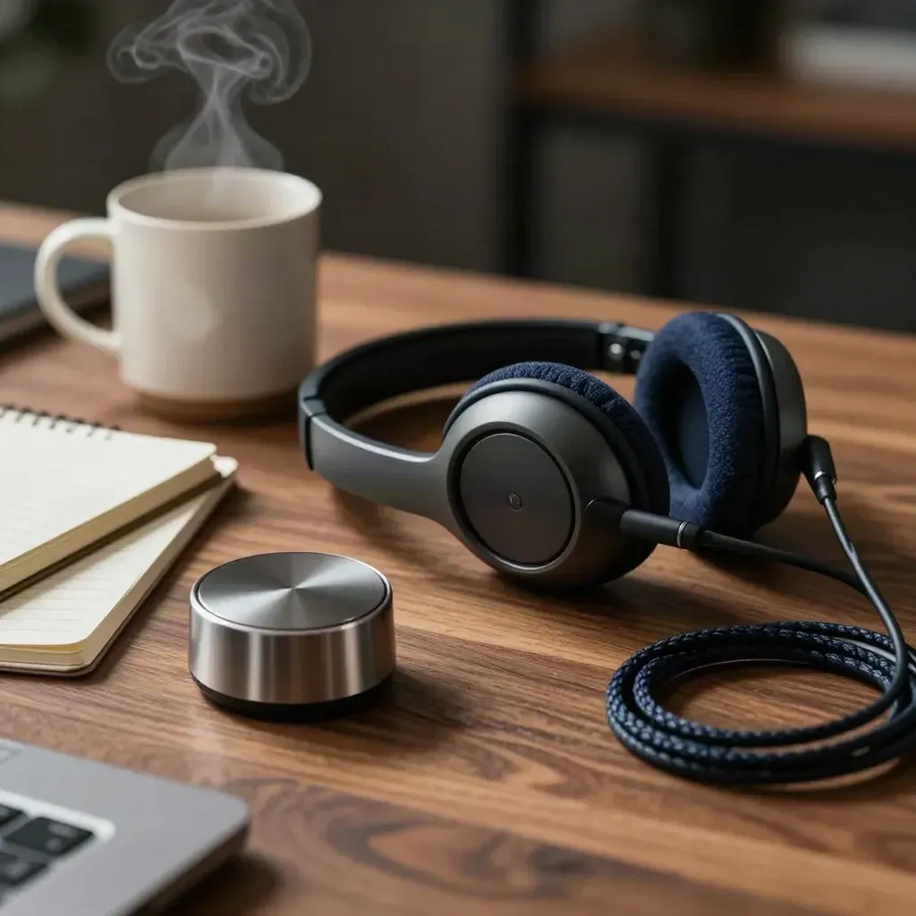 Headset, speaker puck, notebook, mug and cable coil on walnut in warm dramatic light.