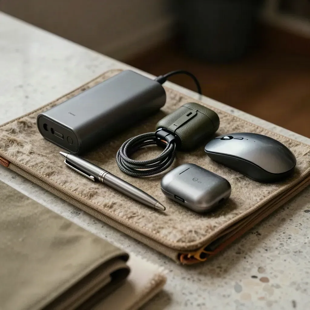 Travel kit with charger, earbuds case, sleeve, pen and mouse on travertine, softly lit.
