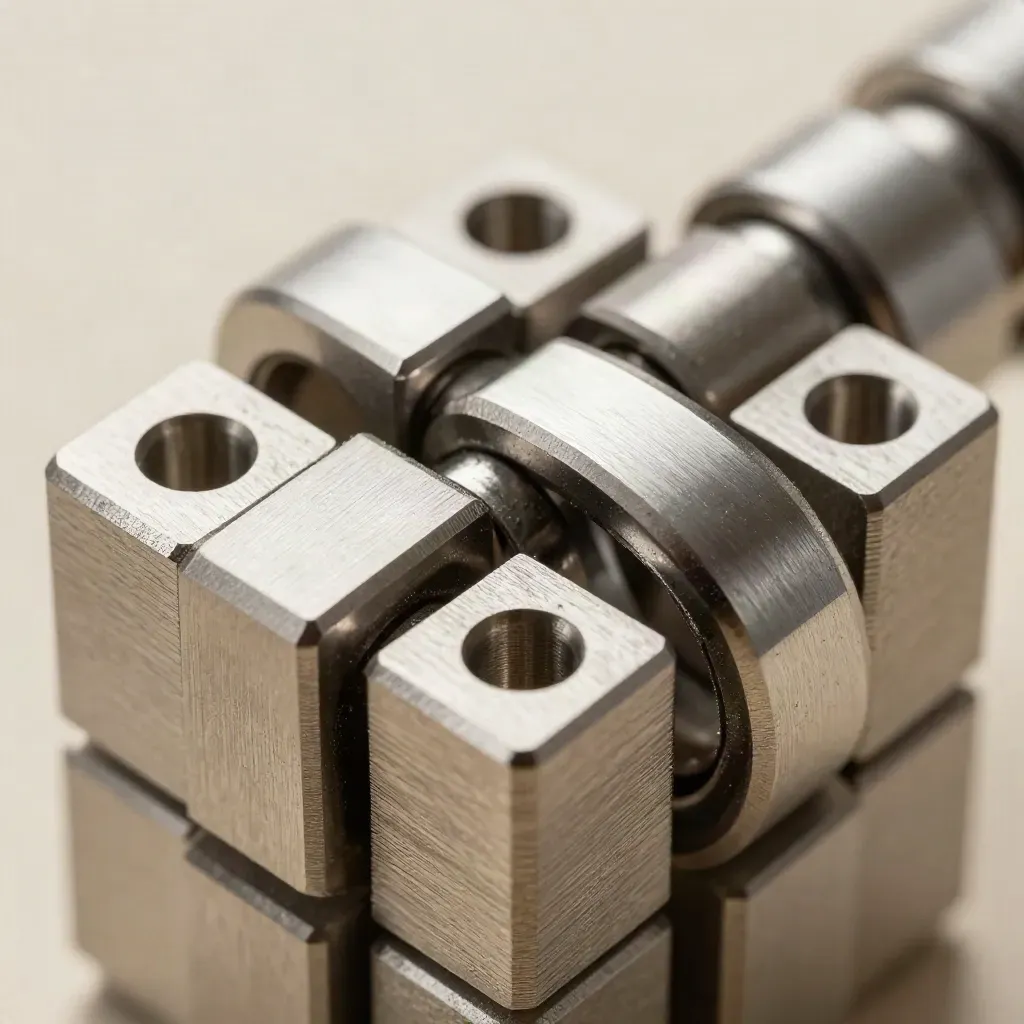 Top-down macro of machined rings and connectors locking together on brushed aluminium.