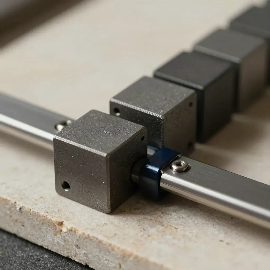 Graphite cubes, rails, and brackets aligned on pale limestone in dramatic macro light.