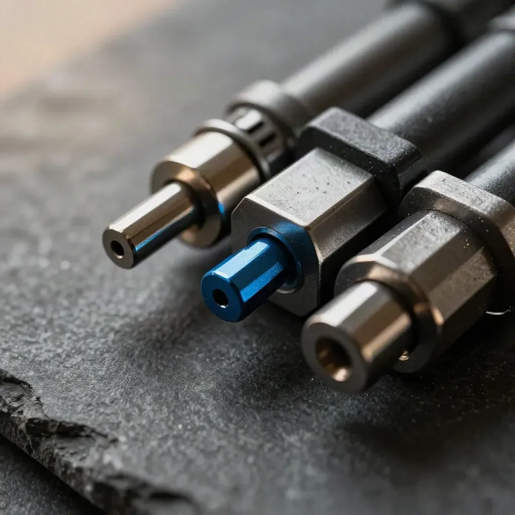 Macro of nested metal connectors and grid plates on dark stone with a blue accent.