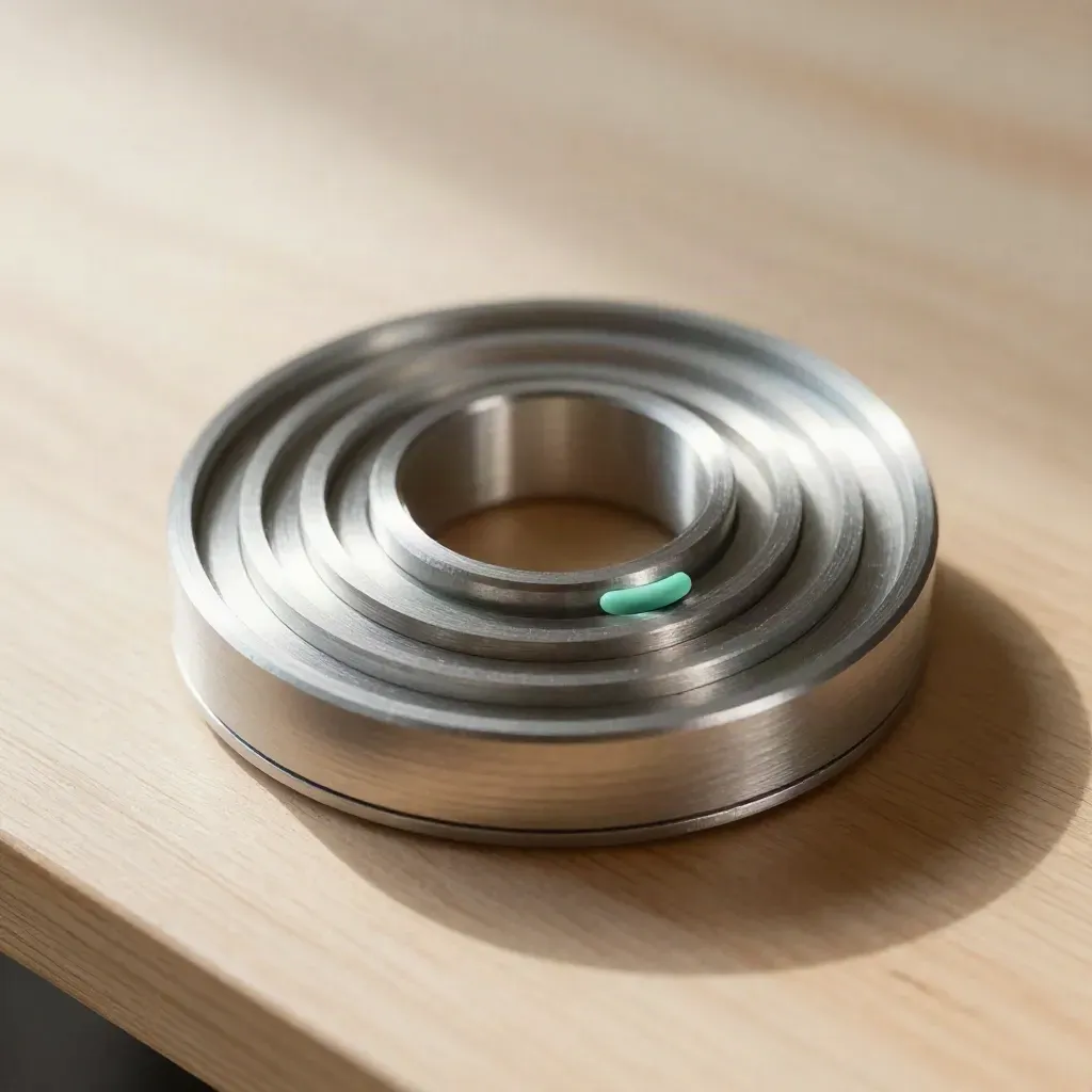 Top-down still life of speaker puck, aluminium loops and washers on pale wood with a mint accent
